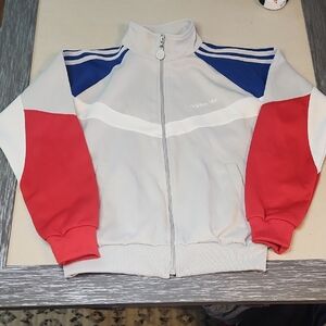 Adidas Vintage White Track Jacket with Red and Blue Accents Size L
